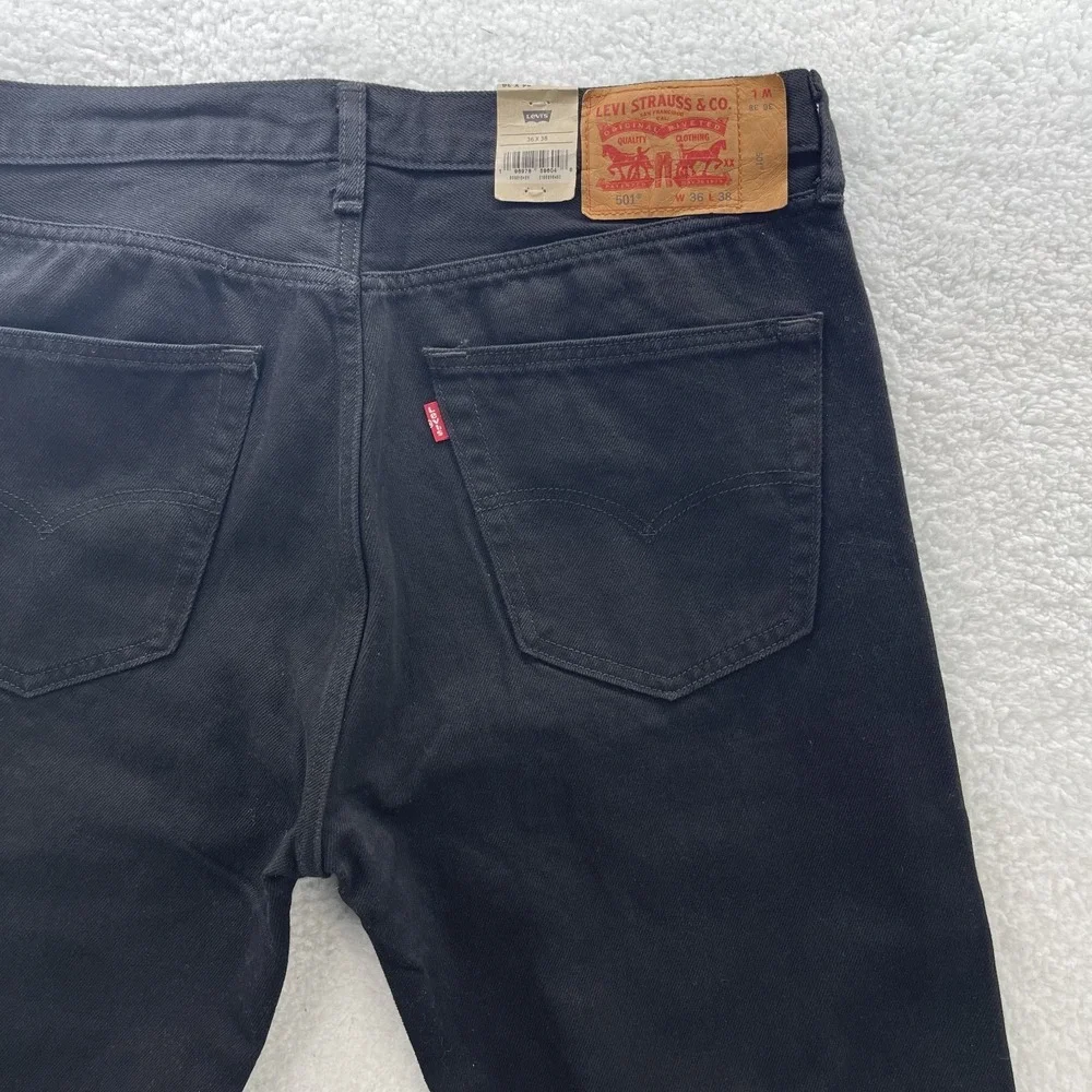 Levis 501 Jeans Mens 36x38 Black Original Straight Button Fly Denim Grunge NEW
